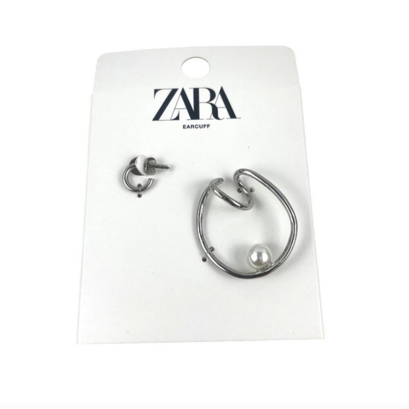 Zara Jewelry - Zara Silver Hoop Ear Cuff Pearl Earring Set Modern Design Hypoallergenic For Wom
